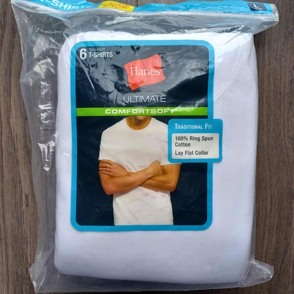 6 pk HANES Men’s Comfortsoft Tagless Lay Flat Collar Crew-Neck T-Shirt White L