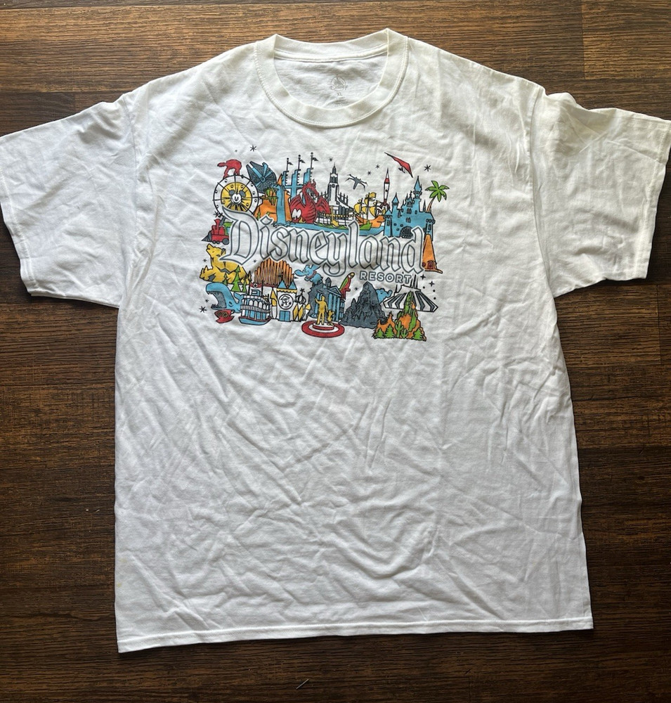 Men’s Disneyland T-Shirt White Spell-Out XL Resort Mickey Rides Tour Rides Vacay