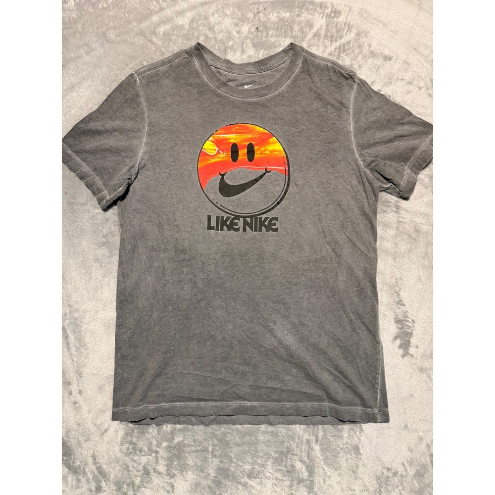 Nike T-Shirt Mens Large Gray Like Nike Smiley Face Graphic Acid Wash Tee