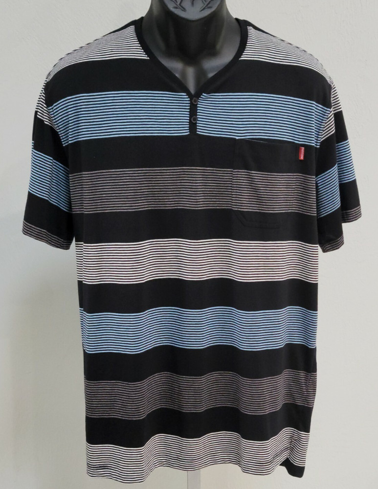 One90One Men’s Striped Henley T Shirt Blue Black Gray XXL Casual Short Sleeve