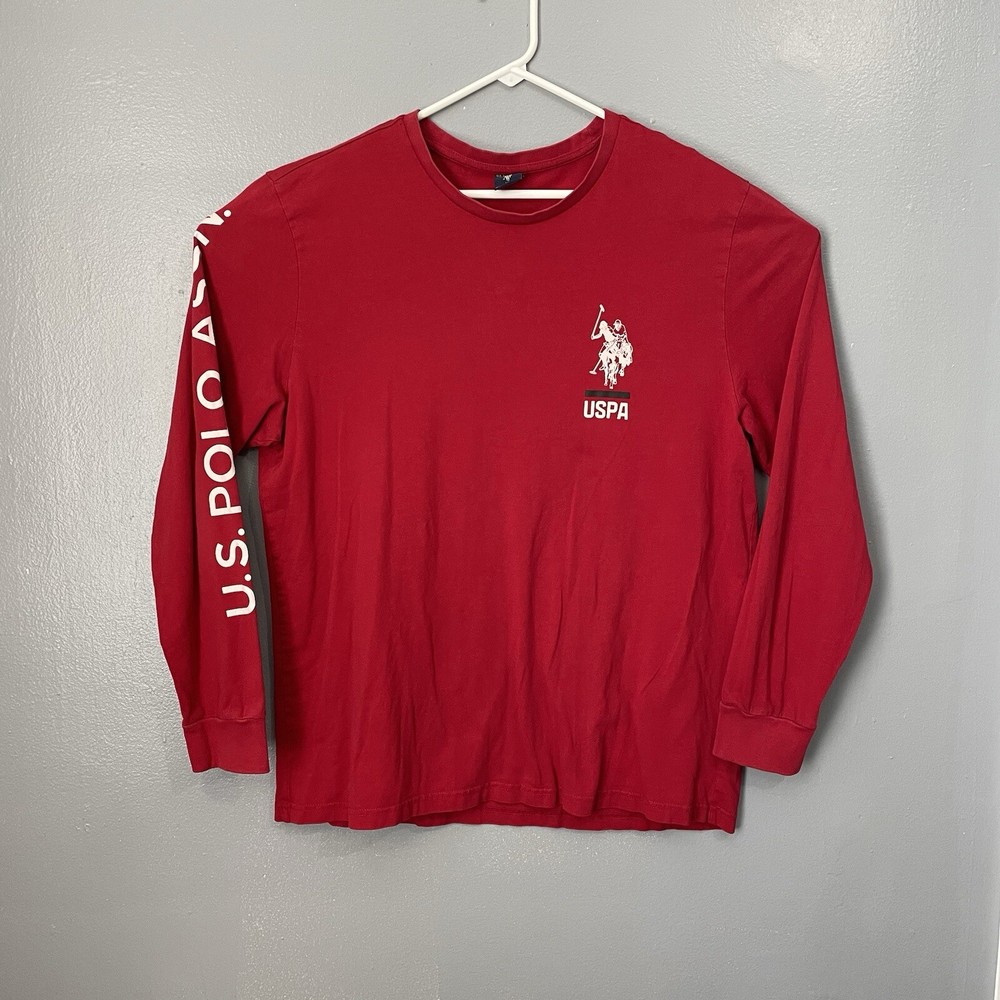 US Polo Assn Long Sleeve T Shirt Mens XL Red Logo USPA Crew Neck Big Letters