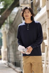 Mens Basic Style Heavyweight Solid Color Long Sleeve Henry Collar Casual T-shirt