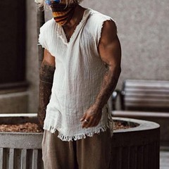 Men Vest Solid Color Casual Leisure Individual Old Style Loose Type Ripped Edge