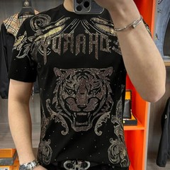 New Fashion Tiger Trend Rhinestone Summer Short Sleeve Luxury Black Men T-Shirt
