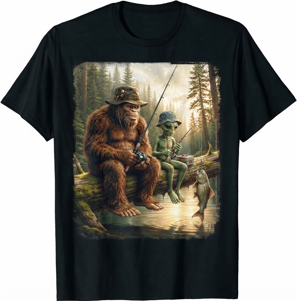 Funny Bigfoot And Alien Fishing Buddy T-Shirt, Mythical Creature Casual Tee