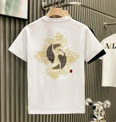 Men’s Luxury Koi Fish Embroidered Cotton T-Shirt Casual Short Sleeve Slim Fit Te