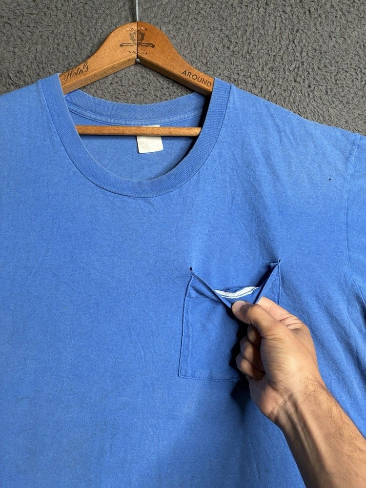 VTG 80s Faded Selvedge Front Pocket Worn Cotton Blank Single Stitch T-Shirt 2XL