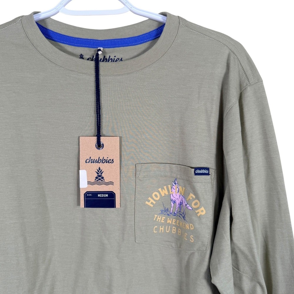 Chubbies Long Sleeve Pocket T Shirt Howlin for the Weekend Mens M Olive Green