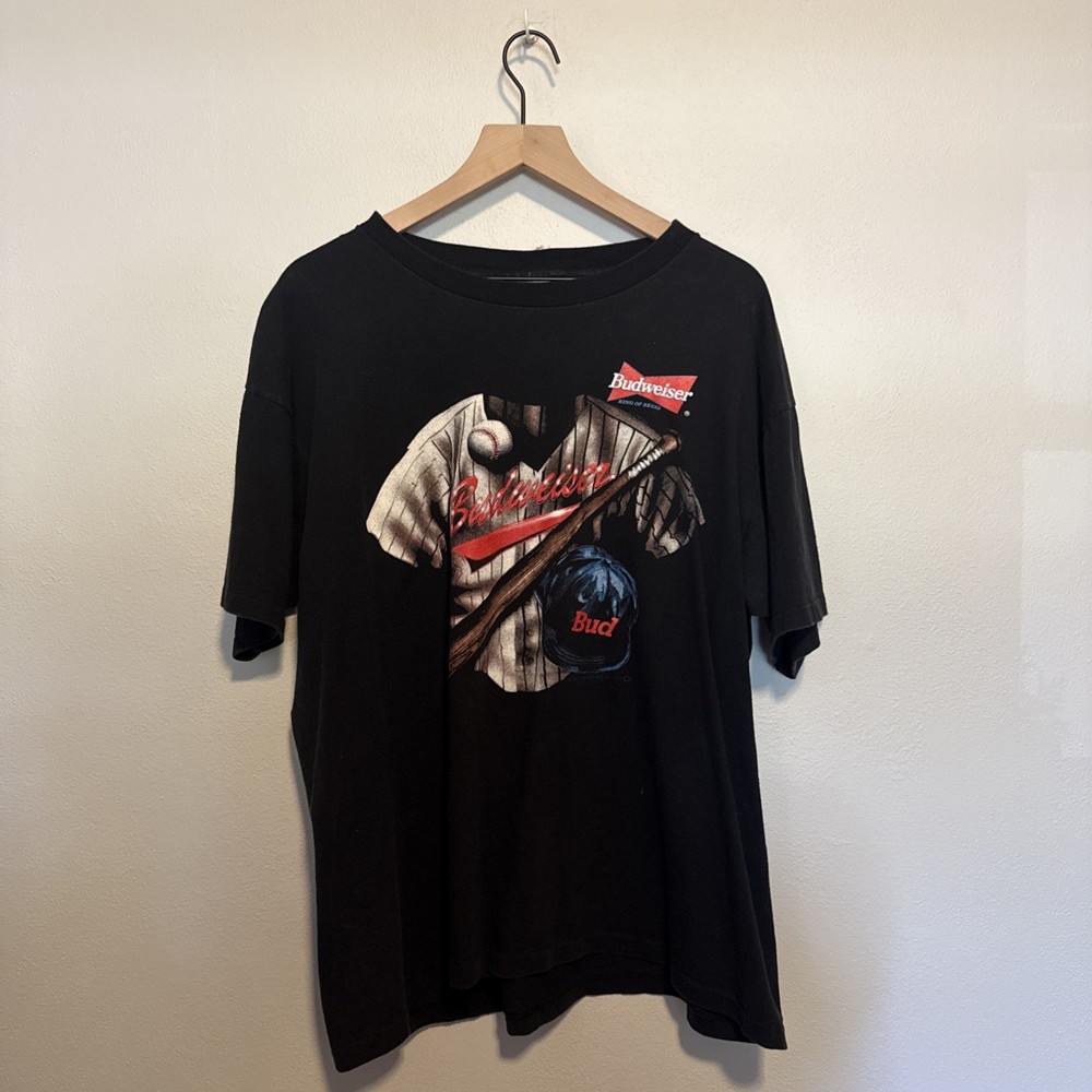 Vintage Budweiser T-Shirt Mens XL Black Baseball Beer Made In USA 1990s