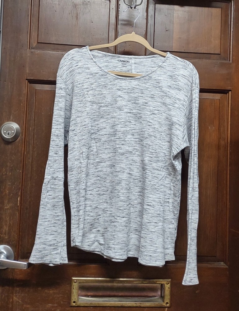 CARBON Men’s Long Sleeve Waffle Knit Shirt Top Marled White Black Gray Size L