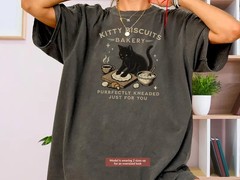 Black Cat Bakery Shirt, Cozy Coffee Cat Tee, Daily Kneads With Warm Brews