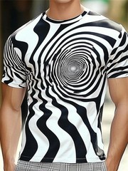 Men Summer 3D Wave Print T-Shirt Casual Short Sleeve Crew Neck Graphic Tee Shirt