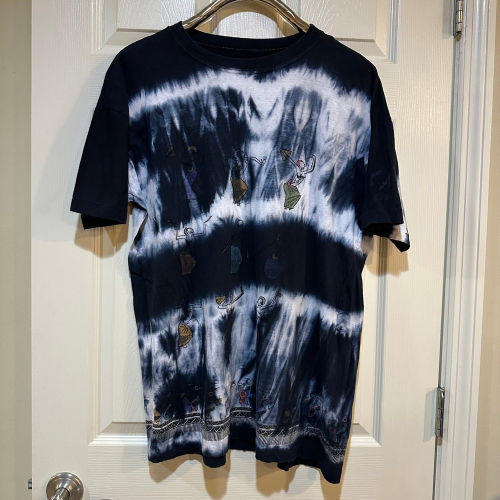 Vintage Style Tie Dye Graphic T-Shirt Black White Artistic Figures XL