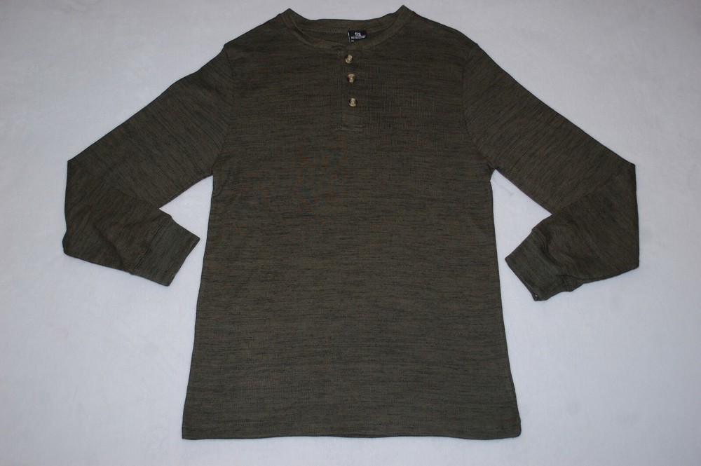 Mens L/S Tee Shirt DARK GREEN MARLED Waffle Knit HENLEY Size XL 46-48