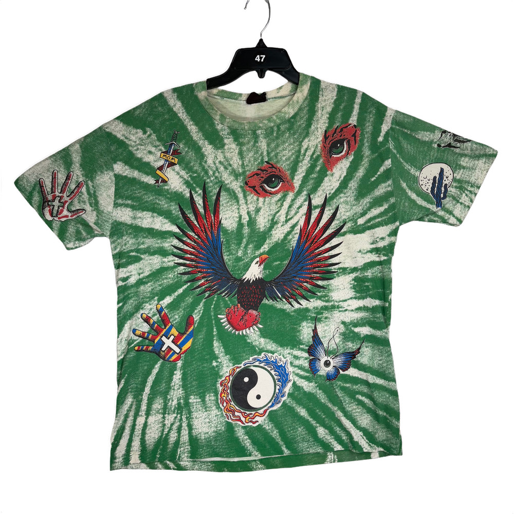 Vintage 80s Trippy Tie-Dye All-Over Print Graphic T-Shirt Size M (Adult)