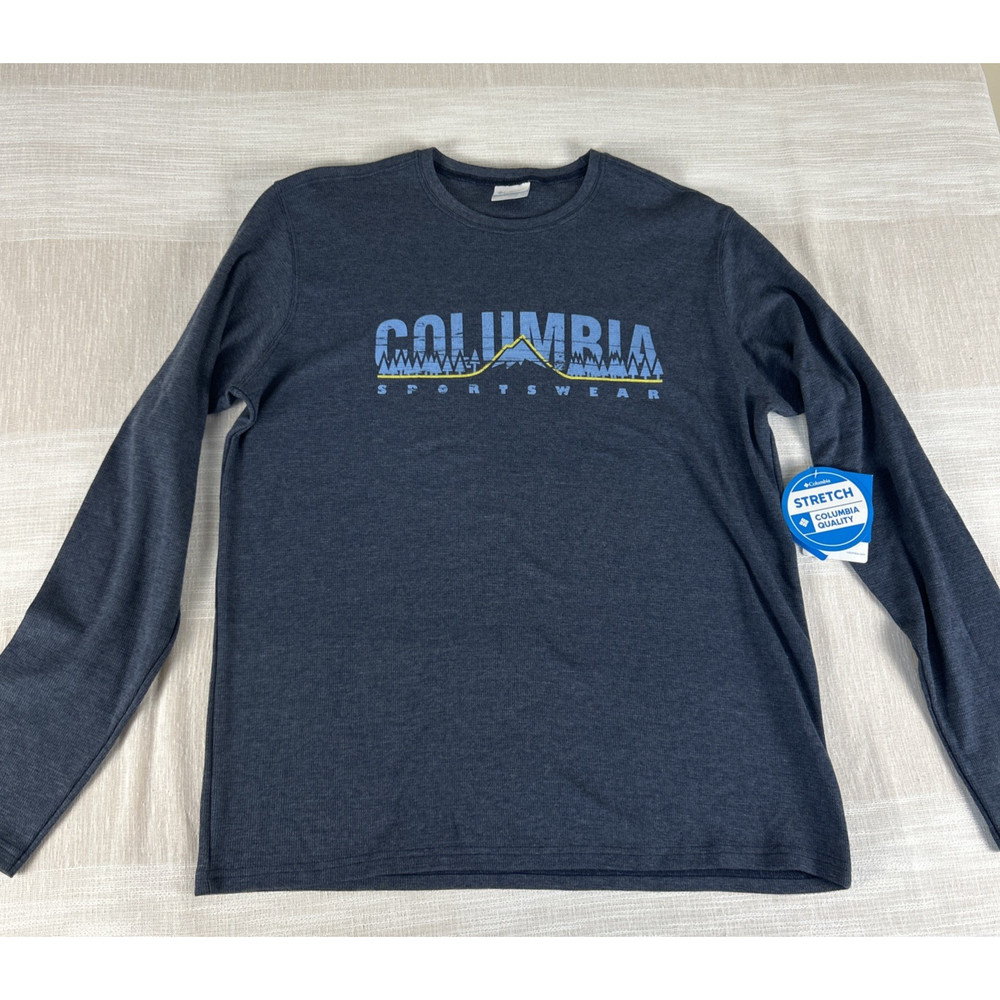 NWT Columbia Men’s Sz L Long Sleeve Waffle Knit Graphic T Shirt Blue Preppy