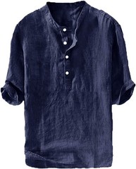 Men’s Casual Linen Cotton 3/4 Sleeve Henley T-Shirt – Lightweight Summer Top