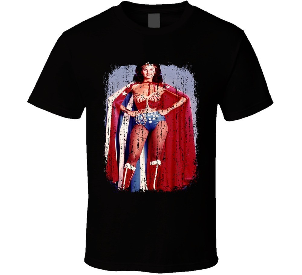 Lynda Carter 70s Celebrity Sexy Vintage Wonder Woman Worn Look Black T Shirt