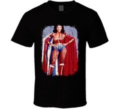 Lynda Carter 70s Celebrity Sexy Vintage Wonder Woman Worn Look Black T Shirt