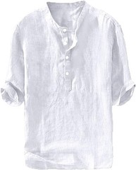 Men’s Casual Linen Cotton 3/4 Sleeve Henley T-Shirt – Lightweight Summer Top