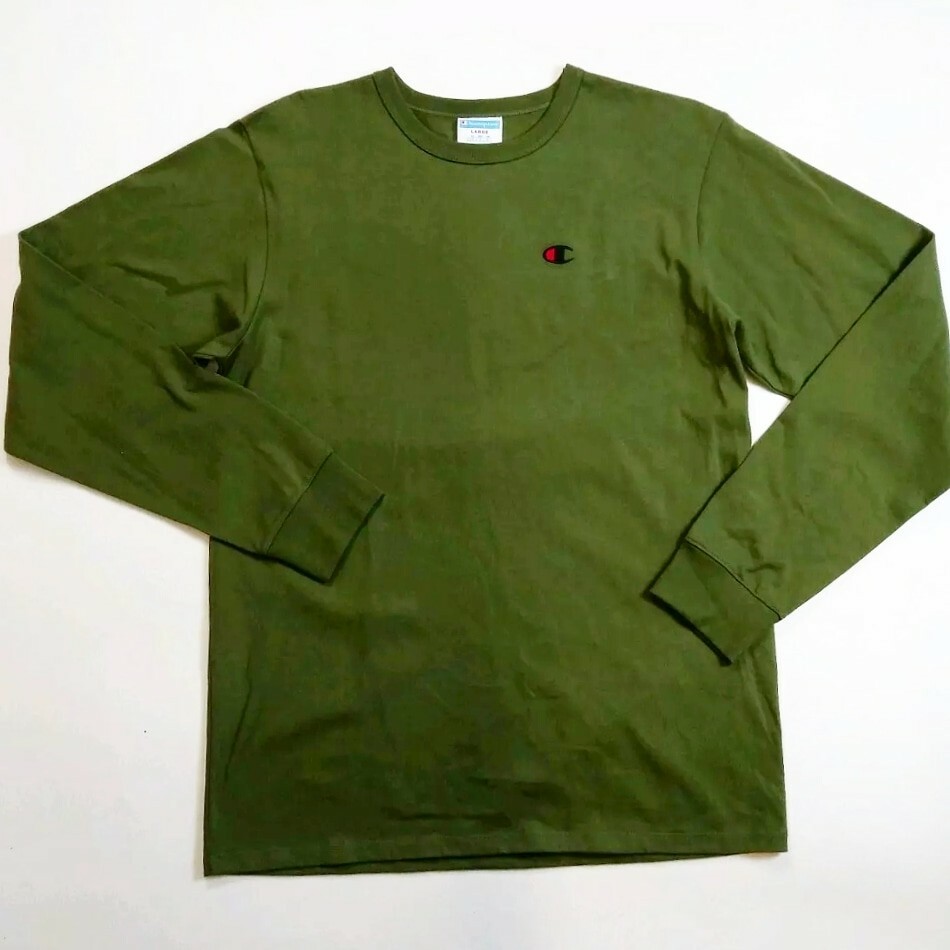 mens champion 100% authentic crewneck L/S t-shirt size large soild logo green