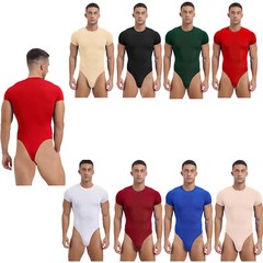 Men’s Short Sleeve Bodysuit Athletic High Waist Jumpsuit Stretchy Button Bodycon