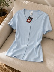 MAD DOG Women’s Light Blue Ribbed Button Front Knit Top Short Sleeve Size M NWT