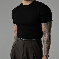 Men Short Sleeve Ribbed T-Shirt Small High Collar for Fitness Training Gym Wear