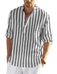 Men’s Cotton Hemp Long Sleeve Casual Beach Henley Shirt(Black White Striped,M)