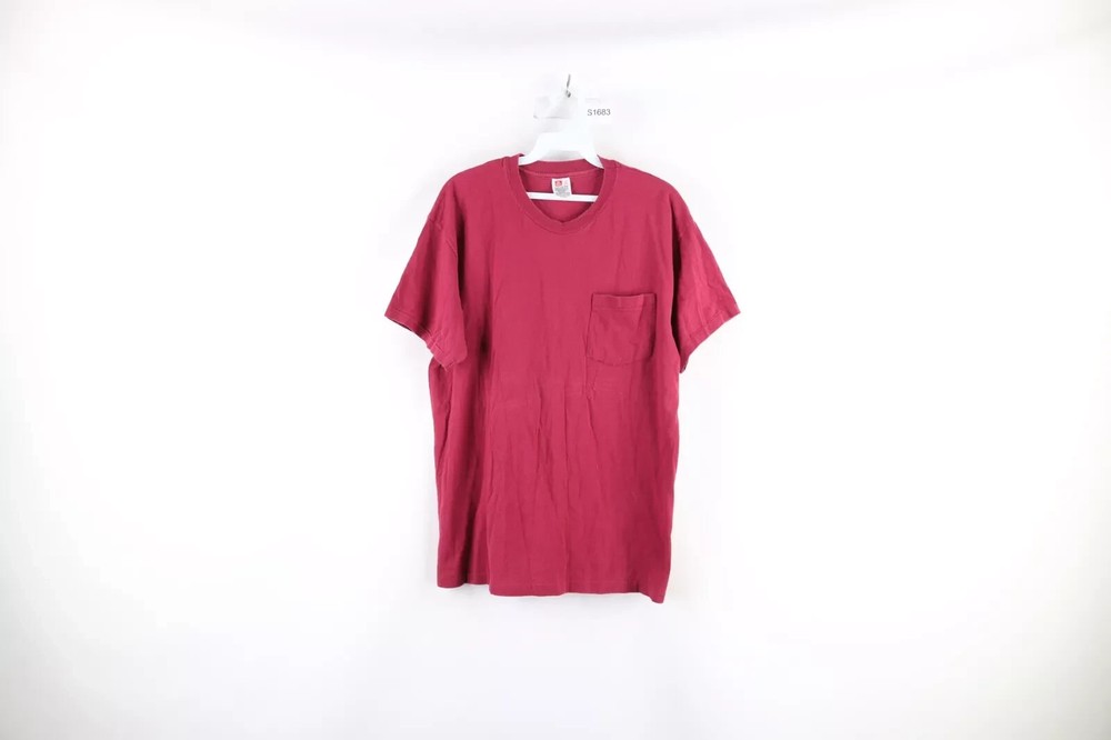 Vintage 90s Streetwear Mens Large Faded Blank Pocket T-Shirt Burgundy Cotton