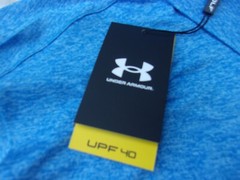 NWT Under Armour Loose Fit Playoff polo, mens L, XL, or XXL, blue, orange stripe