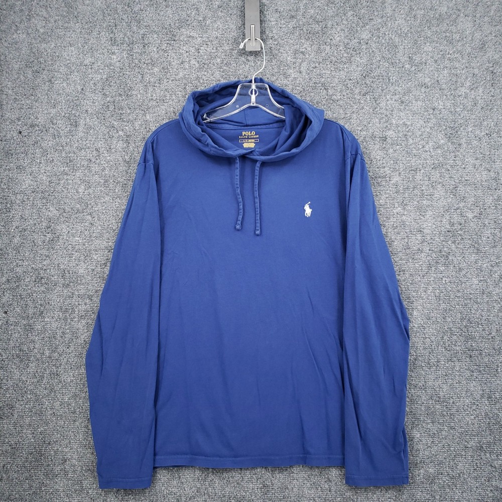 Polo Ralph Lauren Hooded T Shirt Mens L Large Blue Long Sleeve Drawstring Pony