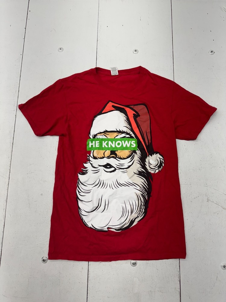 Gildan Red Santa Claus Graphic Print Short Sleeve Shirt Mens Size Small