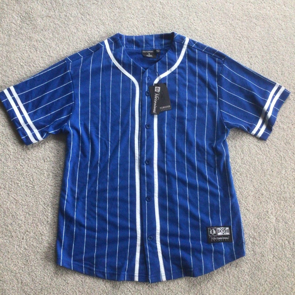 Victorious Baseball Jersey T-shirt Full Button Tee Men’s Blue Pin Striped NWT