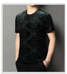 New Men Fashion Bronzing Flocking Trend Silky Velvet Summer Short Sleeve T-Shirt