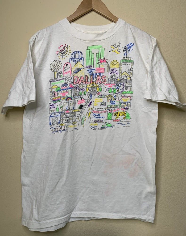Vintage Dallas Texas Shirt Mens Sz XL City Drawn Art Travel Tourist 80s