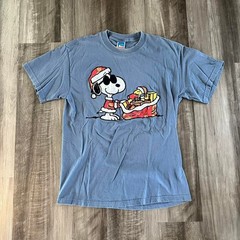 Vintage 90s Peanuts Snoopy Christmas dull blue Cotton T-Shirt, Size M