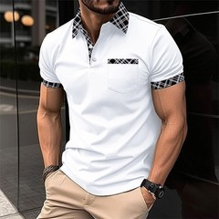 Mens Check Plaid Turn Down Collar T Shirts Tops Golf Pocket Casual Shirts Blouse