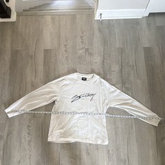 Stussy Men’s Beige Graphic Logo Crew Neck Long Sleeve Cotton Knit Tee L