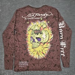 Ed Hardy Shirt Mens XL Brown Long Sleeve Tiger Skull Tattoo Graphic Tee Paisley