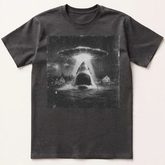 Funny Shark Abduction T-Shirt UFO Alien Vintage Art Sci-Fi Graphic Tee S-5XL