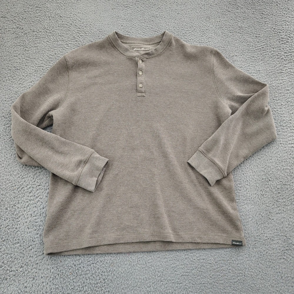 Eddie Bauer Thermal Shirt Mens XL Brown Waffle Knit Henley Long Sleeve Casual