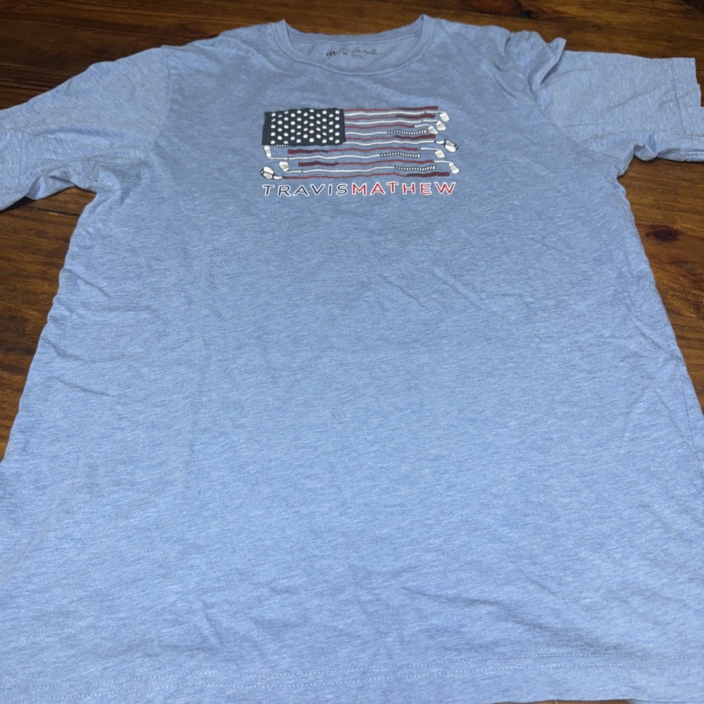 Travis Mathew Shirt Mens Medium Blue Golf Logo USA Flag Active Pima