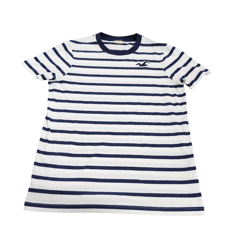 Hollister Shirt Mens XL White Navy Striped Logo Graphic Tee Crew Neck Casual Top