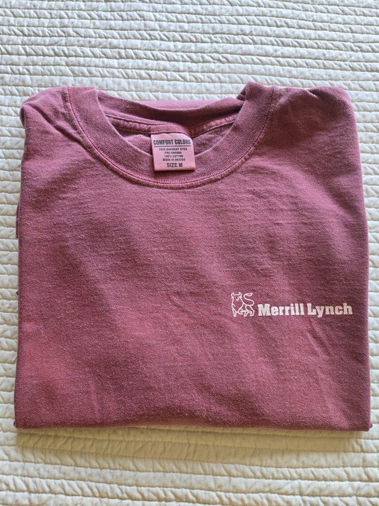 Comfort Colors Merrill Lynch T-Shirt Mens Medium Maroon Corporate Bull Logo Tee