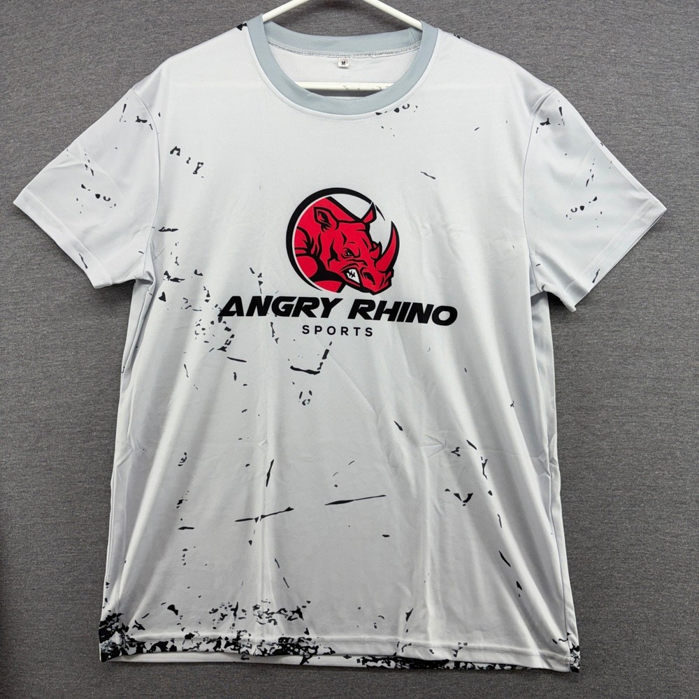 Angry Rhino Sports Mens T-Shirt Medium Grey Black Red Graphic Athletic Gym Tee