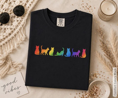 Colorful Rainbow Cats T Shirt Cute Cat Lover Graphic Tee Unisex