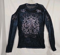 Affliction LS Top Large L Blue Sheer Shirt Silver Foil Black Velvet Graphics Y2K