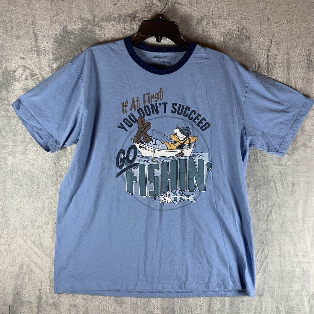Disney Men’s Go Fishing Pluto T Shirt XL 100% Organic Cotton Contrast Collar Tee