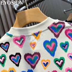 Men Heart Print Short Sleeve T-Shirt Casual Retro Round Neck Summer Cotton Tee